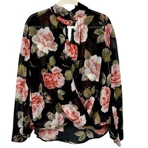 Soho Jeans New York & Company Floral Keyhole Sheer Wrap Blouse Large